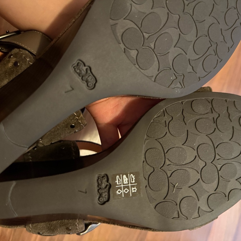 Coach Olive Green Suede Wedge Sandals with Brown Accents - Picture 4 of 13
